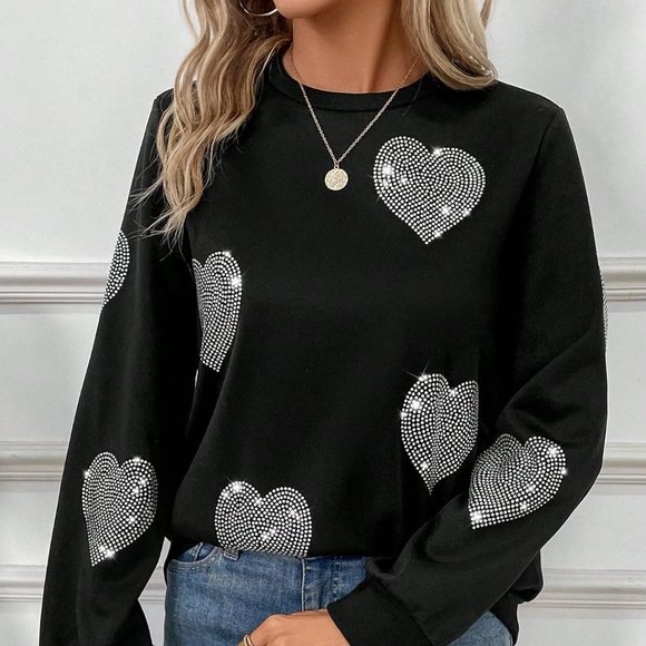 . Tops - Black Casual Womens Rhinestone Decor Heart Pattern Crew Neck Sweatshirt